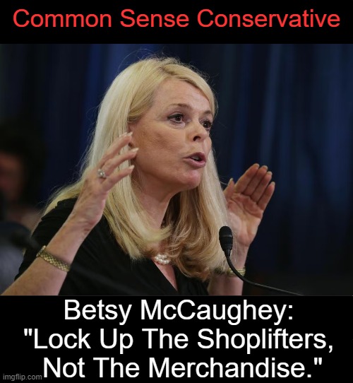 WHY is this so hard to understand? | Common Sense Conservative; Betsy McCaughey: 
"Lock Up The Shoplifters, 
Not The Merchandise." | image tagged in politics,common sense,conservative,looters,criminals,law and order | made w/ Imgflip meme maker