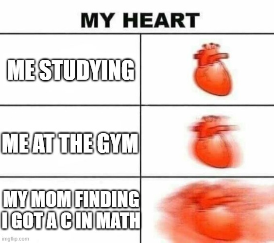 my mom | ME STUDYING; ME AT THE GYM; MY MOM FINDING I GOT A C IN MATH | image tagged in my heart blank | made w/ Imgflip meme maker