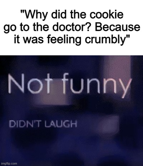 ...one of the worse dad jokes out there :/ | "Why did the cookie go to the doctor? Because it was feeling crumbly" | image tagged in not funny didn t laugh | made w/ Imgflip meme maker