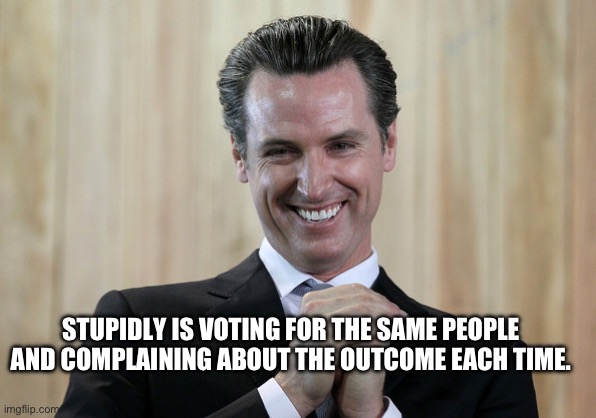 Scheming Gavin Newsom  | STUPIDLY IS VOTING FOR THE SAME PEOPLE AND COMPLAINING ABOUT THE OUTCOME EACH TIME. | image tagged in scheming gavin newsom | made w/ Imgflip meme maker