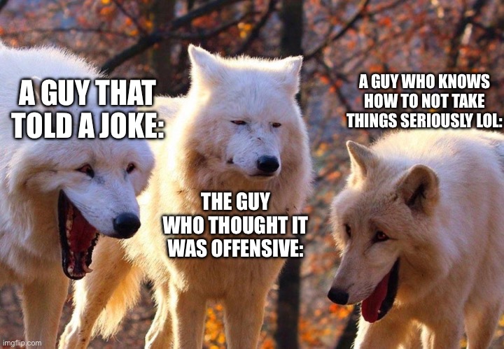 2/3 wolves laugh | A GUY WHO KNOWS HOW TO NOT TAKE THINGS SERIOUSLY LOL:; A GUY THAT TOLD A JOKE:; THE GUY WHO THOUGHT IT WAS OFFENSIVE: | image tagged in 2/3 wolves laugh | made w/ Imgflip meme maker