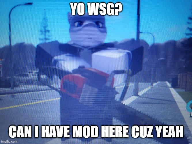 lordreaperus chainsaw | YO WSG? CAN I HAVE MOD HERE CUZ YEAH | image tagged in lordreaperus chainsaw | made w/ Imgflip meme maker