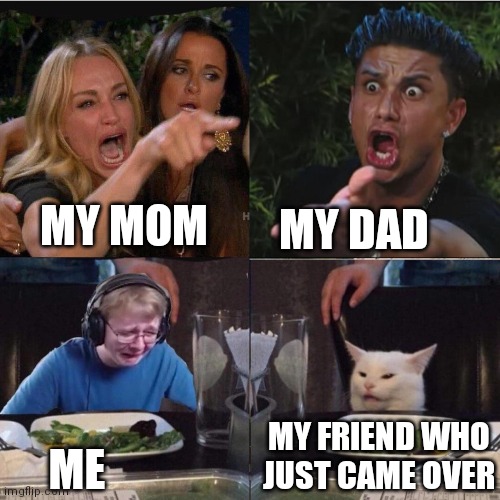 Four panel Taylor Armstrong Pauly D CallmeCarson Cat | MY DAD; MY MOM; MY FRIEND WHO JUST CAME OVER; ME | image tagged in four panel taylor armstrong pauly d callmecarson cat,middle school | made w/ Imgflip meme maker