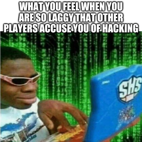 Hacker meme | WHAT YOU FEEL WHEN YOU ARE SO LAGGY THAT OTHER PLAYERS ACCUSE YOU OF HACKING | image tagged in hacker meme | made w/ Imgflip meme maker