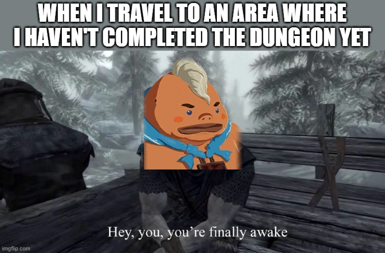 You're Finally Awake | WHEN I TRAVEL TO AN AREA WHERE I HAVEN'T COMPLETED THE DUNGEON YET | image tagged in you're finally awake | made w/ Imgflip meme maker