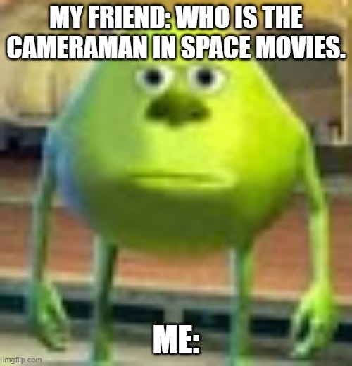 Sully Wazowski | MY FRIEND: WHO IS THE CAMERAMAN IN SPACE MOVIES. ME: | image tagged in sully wazowski | made w/ Imgflip meme maker