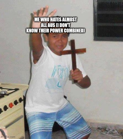 kid with cross | ME WHO HATES ALMOST ALL AUS (I DON'T KNOW THEIR POWER COMBINED) | image tagged in kid with cross | made w/ Imgflip meme maker