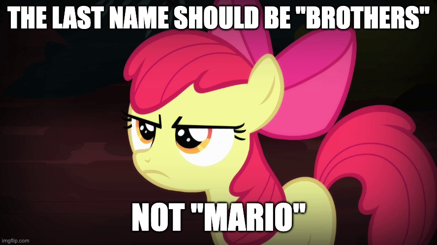 Angry Applebloom | THE LAST NAME SHOULD BE "BROTHERS" NOT "MARIO" | image tagged in angry applebloom | made w/ Imgflip meme maker