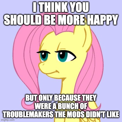 tired of your crap | I THINK YOU SHOULD BE MORE HAPPY BUT ONLY BECAUSE THEY WERE A BUNCH OF TROUBLEMAKERS THE MODS DIDN'T LIKE | image tagged in tired of your crap | made w/ Imgflip meme maker