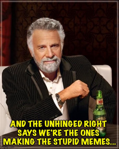 The Most Interesting Man In The World Meme | AND THE UNHINGED RIGHT 
SAYS WE'RE THE ONES 
MAKING THE STUPID MEMES... | image tagged in memes,the most interesting man in the world | made w/ Imgflip meme maker
