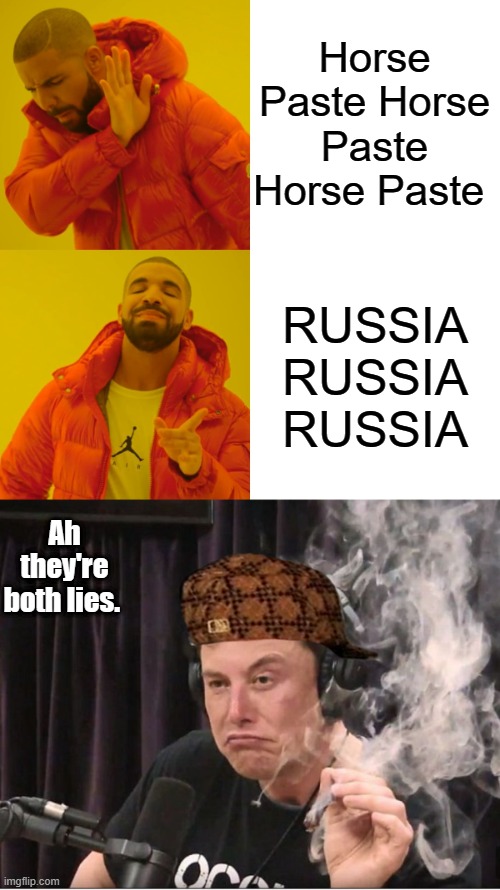 DEMrats are pathological liars, they belive thier own lies | Horse Paste Horse Paste Horse Paste; RUSSIA RUSSIA RUSSIA; Ah they're both lies. | image tagged in memes,drake hotline bling,elon musk smoking a joint | made w/ Imgflip meme maker