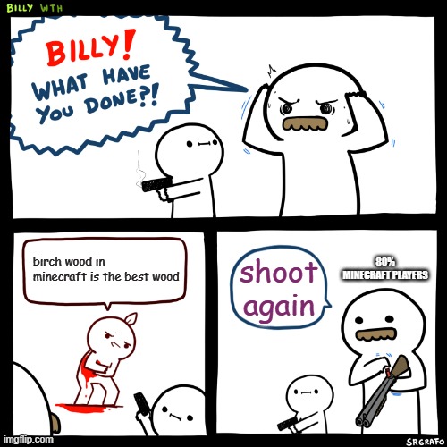 Billy, What Have You Done | 80% MINECRAFT PLAYERS; birch wood in minecraft is the best wood; shoot again | image tagged in billy what have you done | made w/ Imgflip meme maker
