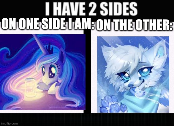 I have two sides | ON THE OTHER:; ON ONE SIDE I AM: | image tagged in i have two sides,luna,mlp,furries | made w/ Imgflip meme maker