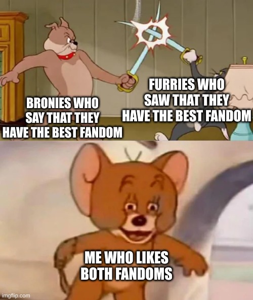 Tom and Spike fighting | FURRIES WHO SAW THAT THEY HAVE THE BEST FANDOM; BRONIES WHO SAY THAT THEY HAVE THE BEST FANDOM; ME WHO LIKES BOTH FANDOMS | image tagged in tom and spike fighting,mlp,furries | made w/ Imgflip meme maker