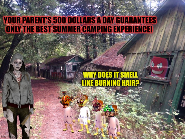 YOUR PARENT'S 500 DOLLARS A DAY GUARANTEES ONLY THE BEST SUMMER CAMPING EXPERIENCE! WHY DOES IT SMELL LIKE BURNING HAIR? | made w/ Imgflip meme maker