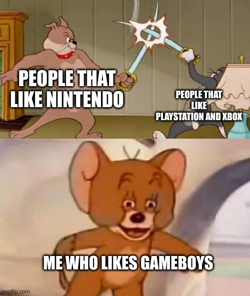 Gameboy | PEOPLE THAT LIKE NINTENDO; PEOPLE THAT LIKE PLAYSTATION AND XBOX; ME WHO LIKES GAMEBOYS | image tagged in tom and jerry swordfight | made w/ Imgflip meme maker