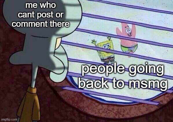 also spacefanatic if youre reading this i might not be able to record if youre doing it in msmg so yea | me who cant post or comment there; people going back to msmg | image tagged in squidward window | made w/ Imgflip meme maker