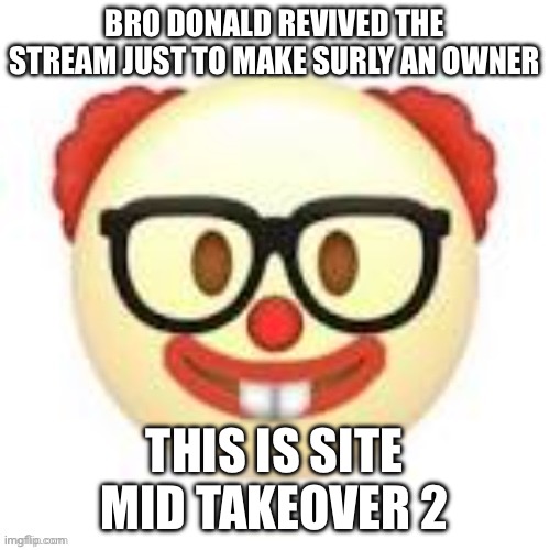 remember THAT drama? | BRO DONALD REVIVED THE STREAM JUST TO MAKE SURLY AN OWNER; THIS IS SITE MID TAKEOVER 2 | image tagged in clownerd | made w/ Imgflip meme maker