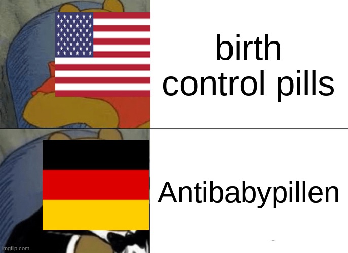 Germany got it figured out | birth control pills; Antibabypillen | image tagged in memes,tuxedo winnie the pooh | made w/ Imgflip meme maker
