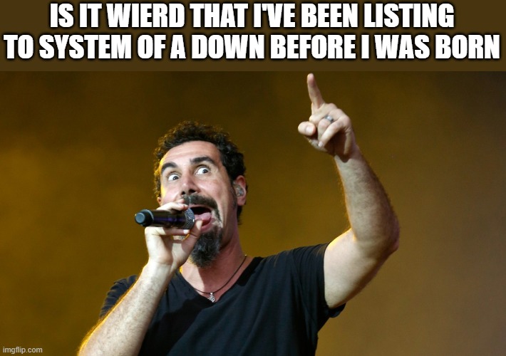 This is true for me | IS IT WIERD THAT I'VE BEEN LISTING TO SYSTEM OF A DOWN BEFORE I WAS BORN | image tagged in system of a down | made w/ Imgflip meme maker