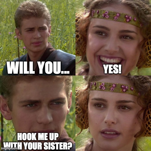 Anakin Padme 4 Panel | WILL YOU... YES! HOOK ME UP WITH YOUR SISTER? | image tagged in anakin padme 4 panel | made w/ Imgflip meme maker