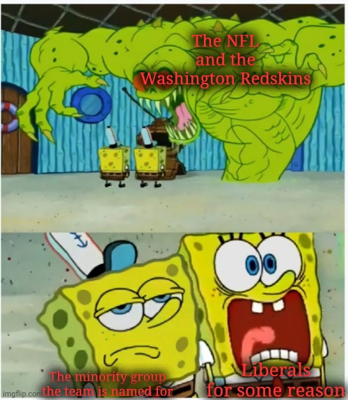 SpongeBob SquarePants scared but also not scared | The NFL and the Washington Redskins The minority group the team is named for Liberals for some reason | image tagged in spongebob squarepants scared but also not scared | made w/ Imgflip meme maker