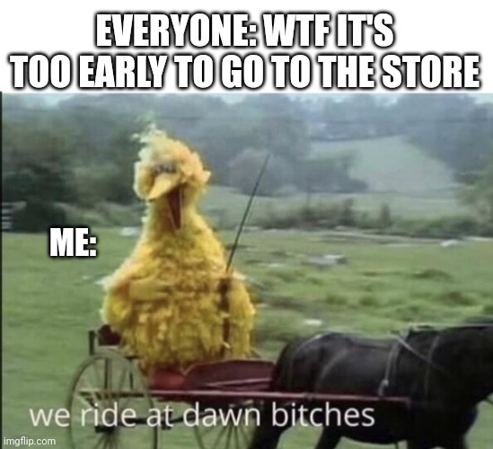 It's too early!! | EVERYONE: WTF IT'S TOO EARLY TO GO TO THE STORE; ME: | image tagged in we ride at dawn bitches | made w/ Imgflip meme maker