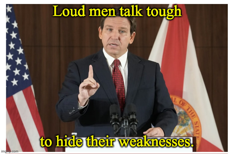 De santis wants it | Loud men talk tough; to hide their weaknesses. | image tagged in de santis wants it | made w/ Imgflip meme maker