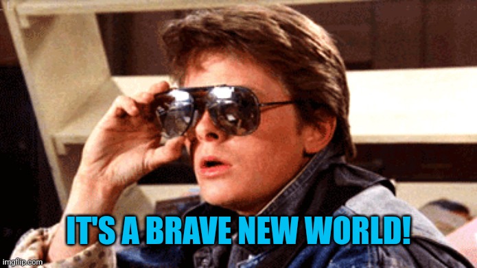 Marty McFly Rock and Roll | IT'S A BRAVE NEW WORLD! | image tagged in marty mcfly rock and roll | made w/ Imgflip meme maker