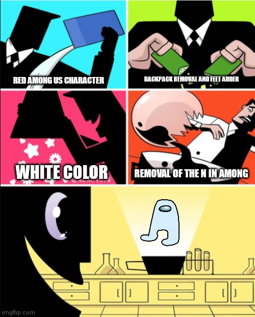 How Amogus was made | BACKPACK REMOVAL AND FEET ADDER; RED AMONG US CHARACTER; WHITE COLOR; REMOVAL OF THE N IN AMONG | image tagged in powerpuff girls | made w/ Imgflip meme maker