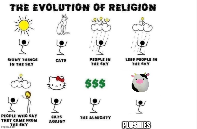 plushies | PLUSHIES | image tagged in the evolution of religion | made w/ Imgflip meme maker