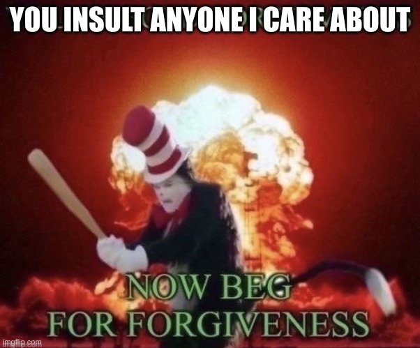 Beg for forgiveness | YOU INSULT ANYONE I CARE ABOUT | image tagged in beg for forgiveness | made w/ Imgflip meme maker