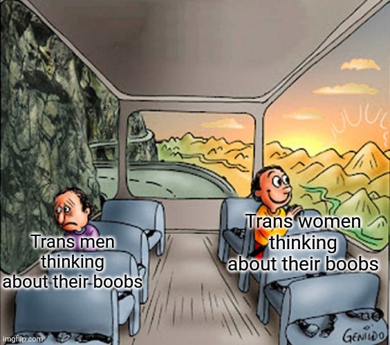 Asdfghjkl | Trans women thinking about their boobs; Trans men thinking about their boobs | image tagged in sad vs happy guy on bus | made w/ Imgflip meme maker