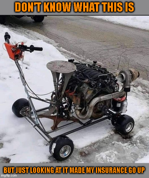 Motor Something Something | DON'T KNOW WHAT THIS IS; BUT JUST LOOKING AT IT MADE MY INSURANCE GO UP | image tagged in engine,gocart | made w/ Imgflip meme maker