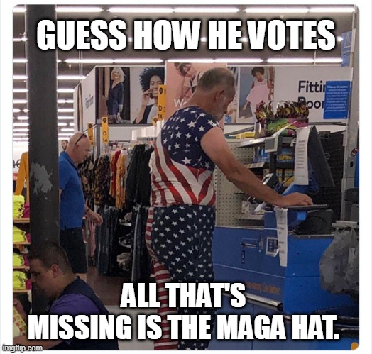 Maga Man | GUESS HOW HE VOTES; ALL THAT'S MISSING IS THE MAGA HAT. | image tagged in flag man,maga,maga hat,republican | made w/ Imgflip meme maker