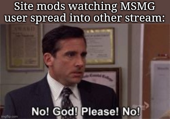 Oh God Please No | Site mods watching MSMG user spread into other stream: | image tagged in oh god please no | made w/ Imgflip meme maker