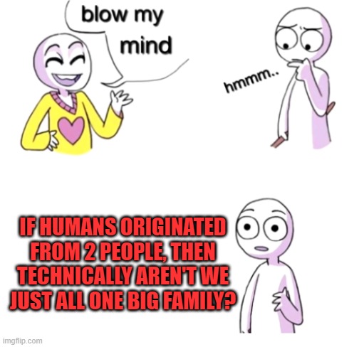 blow my mind | IF HUMANS ORIGINATED FROM 2 PEOPLE, THEN TECHNICALLY AREN'T WE JUST ALL ONE BIG FAMILY? | image tagged in blow my mind | made w/ Imgflip meme maker