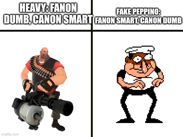 Fanon gets EVERYTHING wrong. | FAKE PEPPINO: FANON SMART, CANON DUMB; HEAVY: FANON DUMB, CANON SMART | image tagged in gaming | made w/ Imgflip meme maker