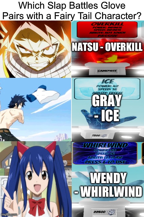 Roblox Slap Battles x Fairy Tail | Which Slap Battles Glove Pairs with a Fairy Tail Character? NATSU - OVERKILL; GRAY - ICE; WENDY - WHIRLWIND | image tagged in fairy tail,slap battles,roblox slap battles,natsu fairytail,gray fullbuster,wendy marvell | made w/ Imgflip meme maker