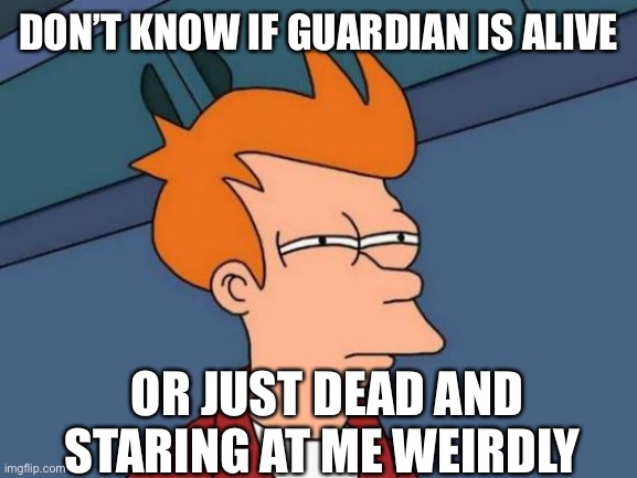 Futurama Fry | DON’T KNOW IF GUARDIAN IS ALIVE; OR JUST DEAD AND STARING AT ME WEIRDLY | image tagged in memes,futurama fry | made w/ Imgflip meme maker