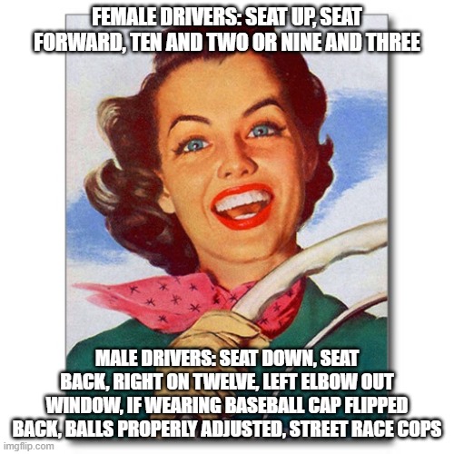 Male vs. Female Drivers | FEMALE DRIVERS: SEAT UP, SEAT FORWARD, TEN AND TWO OR NINE AND THREE; MALE DRIVERS: SEAT DOWN, SEAT BACK, RIGHT ON TWELVE, LEFT ELBOW OUT WINDOW, IF WEARING BASEBALL CAP FLIPPED BACK, BALLS PROPERLY ADJUSTED, STREET RACE COPS | image tagged in vintage '50s woman driver,men are better than women | made w/ Imgflip meme maker