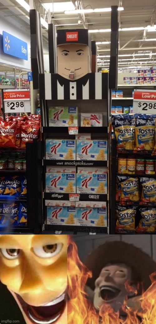 The Kellogg's foods in the Cheez-It's section | image tagged in satanic woody no spacing,kellogg's,kellogg,cheez-it,you had one job,memes | made w/ Imgflip meme maker