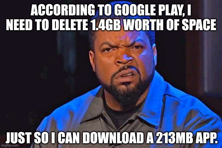 Well that's bullshit. | ACCORDING TO GOOGLE PLAY, I NEED TO DELETE 1.4GB WORTH OF SPACE; JUST SO I CAN DOWNLOAD A 213MB APP. | image tagged in ice cube wtf face,bullshit,ice cube,logic | made w/ Imgflip meme maker
