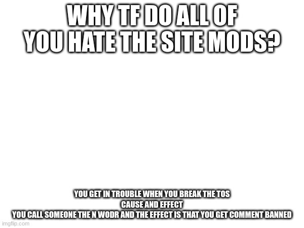 WHY TF DO ALL OF YOU HATE THE SITE MODS? YOU GET IN TROUBLE WHEN YOU BREAK THE TOS

CAUSE AND EFFECT

YOU CALL SOMEONE THE N WODR AND THE EFFECT IS THAT YOU GET COMMENT BANNED | made w/ Imgflip meme maker