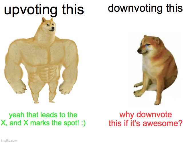 Buff Doge vs. Cheems Meme | upvoting this downvoting this yeah that leads to the X, and X marks the spot! :) why downvote this if it's awesome? | image tagged in memes,buff doge vs cheems | made w/ Imgflip meme maker