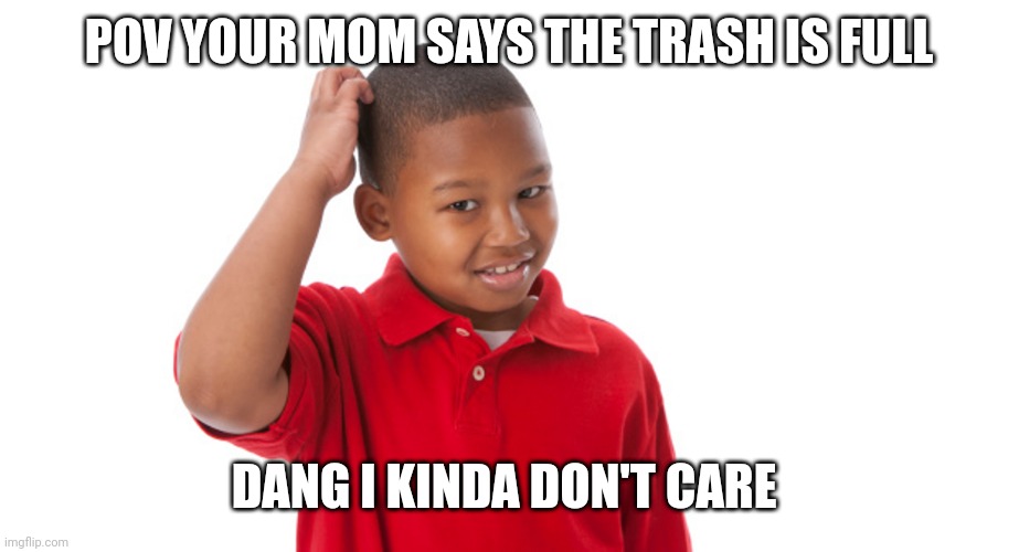 Dang I kinda | POV YOUR MOM SAYS THE TRASH IS FULL; DANG I KINDA DON'T CARE | image tagged in dang i kinda | made w/ Imgflip meme maker