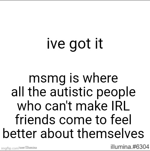 ive got it; msmg is where all the autistic people who can't make IRL friends come to feel better about themselves | made w/ Imgflip meme maker