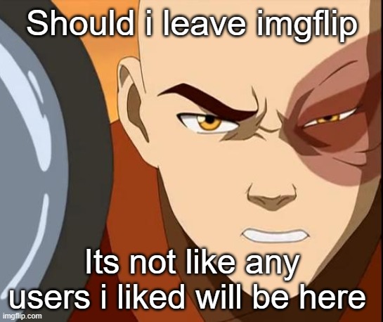 Zuko | Should i leave imgflip; Its not like any users i liked will be here | image tagged in zuko | made w/ Imgflip meme maker