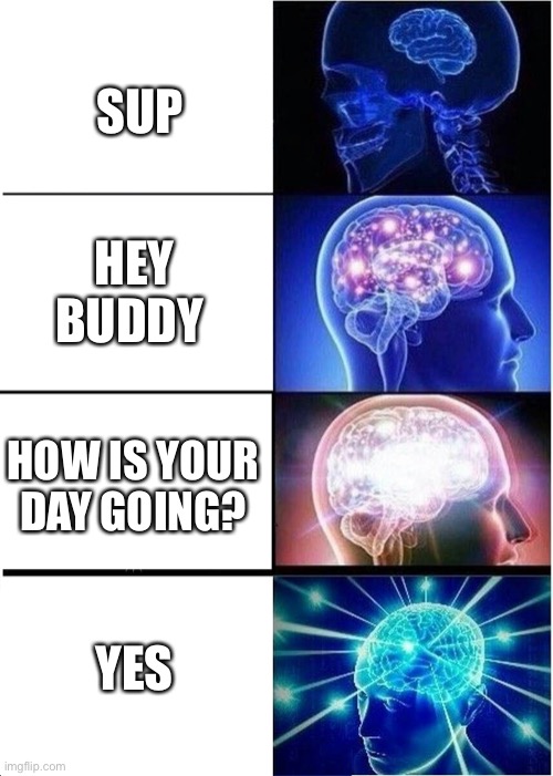 Me when greeting someone | SUP; HEY BUDDY; HOW IS YOUR DAY GOING? YES | image tagged in memes,expanding brain | made w/ Imgflip meme maker