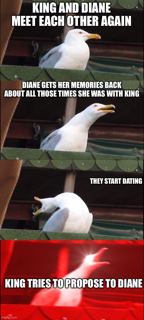 Inhaling Seagull Meme | KING AND DIANE MEET EACH OTHER AGAIN; DIANE GETS HER MEMORIES BACK ABOUT ALL THOSE TIMES SHE WAS WITH KING; THEY START DATING; KING TRIES TO PROPOSE TO DIANE | image tagged in memes,inhaling seagull | made w/ Imgflip meme maker
